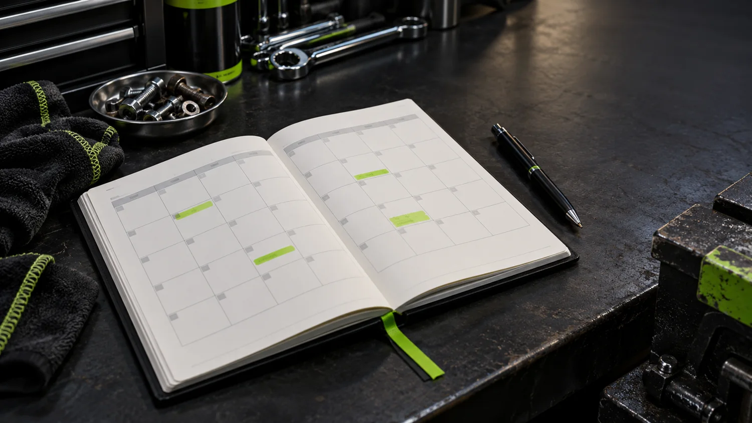 Open appointment diary on a garage workbench