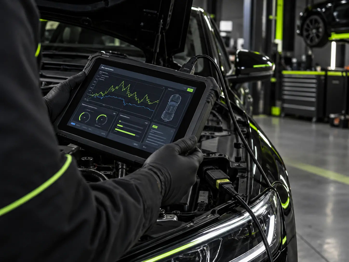 Professional vehicle diagnostic tablet connected to a car