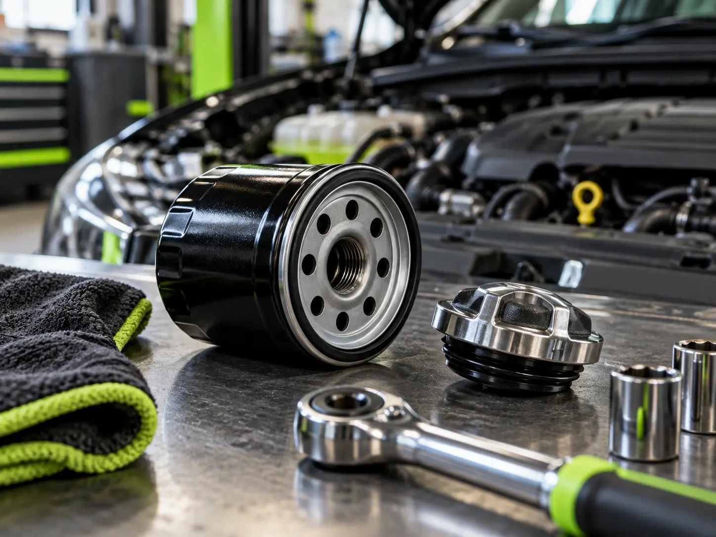 Oil filter and service tools in a workshop