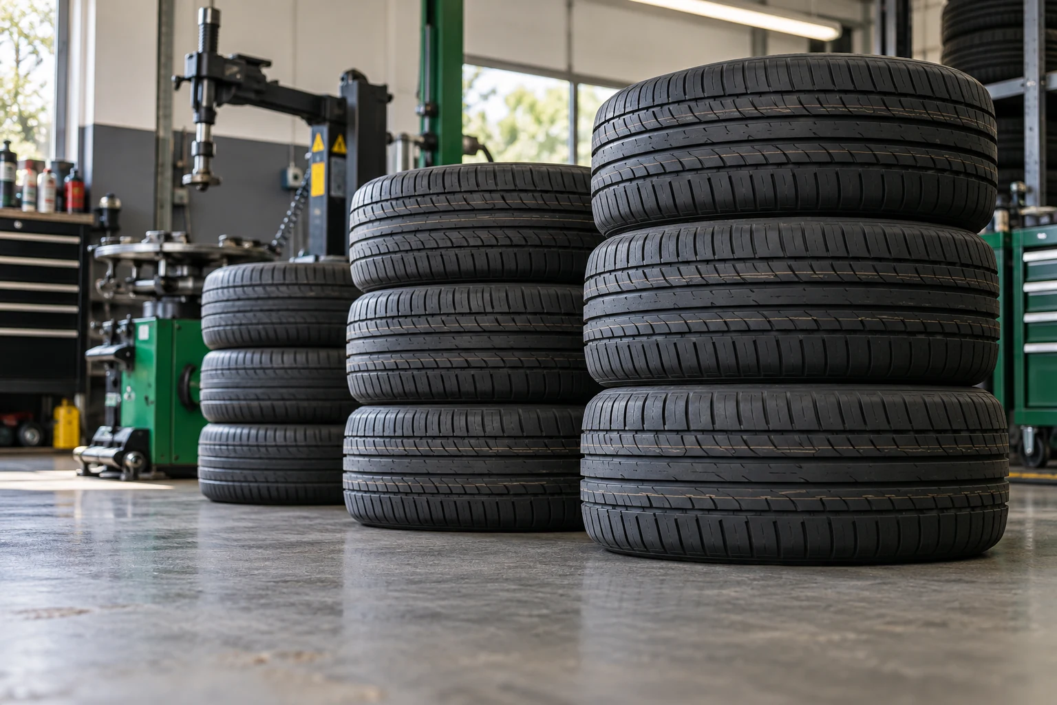 Stacks of new car tyres in a tyre service area